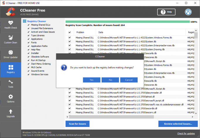 CCleaner Registry Backup